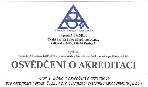 Obr. 1 Záhlaví osvědčení o akreditaci pro certifikační orgán č. 1234 pro certifikaci systémů managementu [EZÚ]